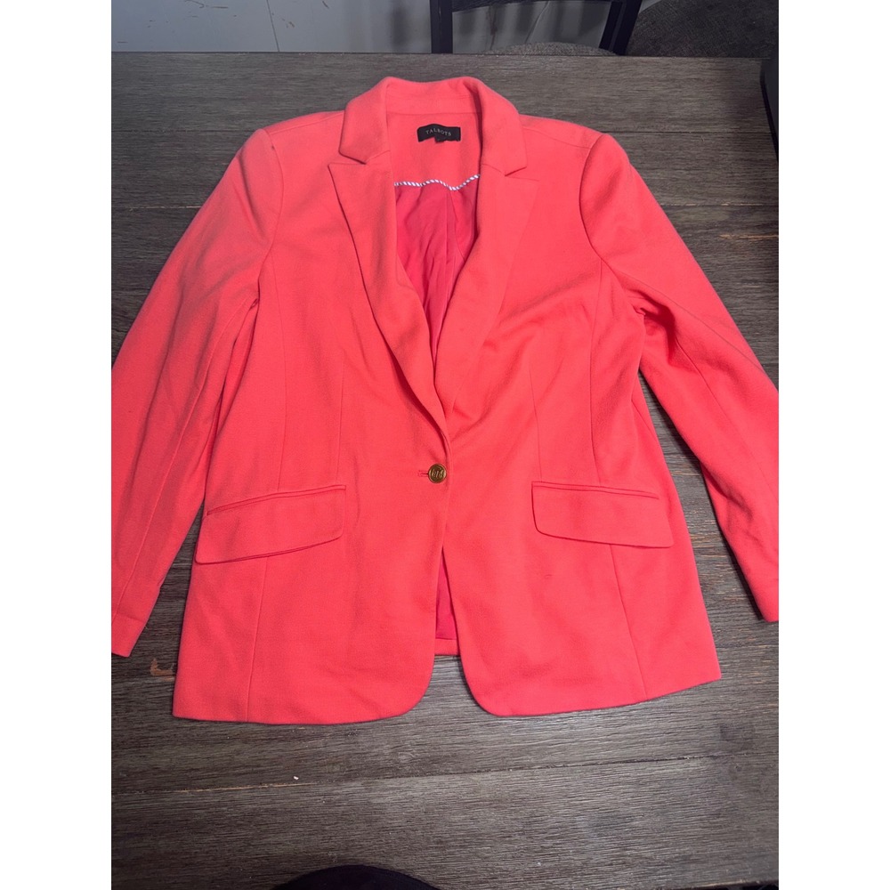 Talbots Womens Coral Pink Single Button Knit Blazer Gold Crest Buttons Size 18
